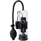 Pompe a penis vibrante Pump Worx a cylindre transparent, poire-pompe et molette de vibration a la base, valve de relachement rapide pour debuter par succion.