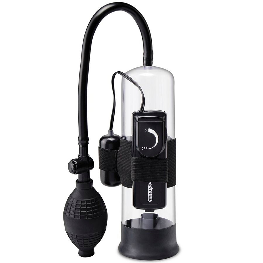 Pompe a penis vibrante Pump Worx a cylindre transparent, poire-pompe et molette de vibration a la base, valve de relachement rapide pour debuter par succion.