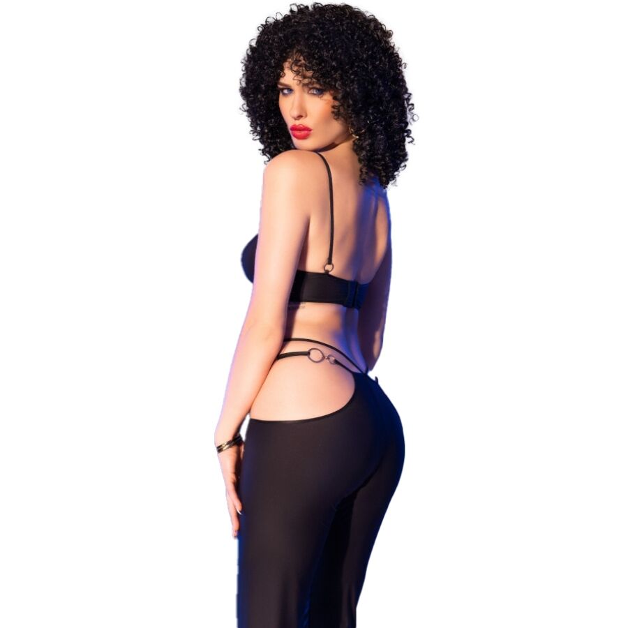 Ensemble deux pieces noir Chilirose de trois quarts dos, decoupes laterales et galbe souligne, finitions metalliques dorees, coupe evasee fluide.
