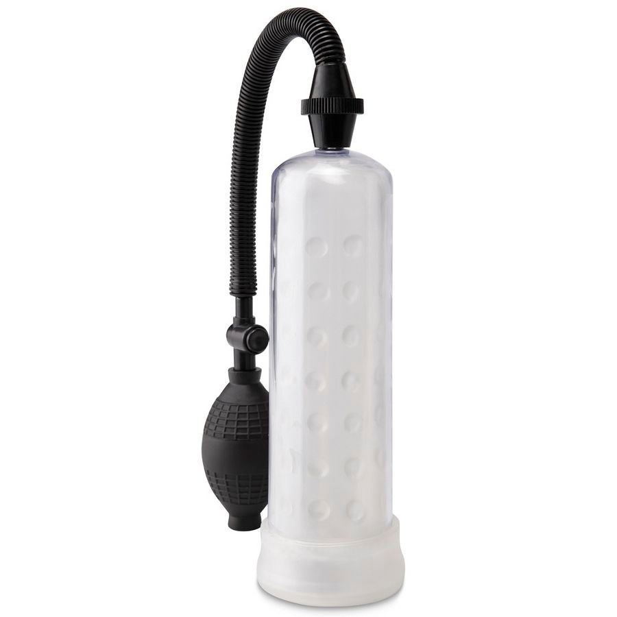 Pompe a penis a manchon en silicone texture et tube transparent, poire-pompe et valve de relachement rapide pour creer le vide et accueillir le sexe en douceur.
