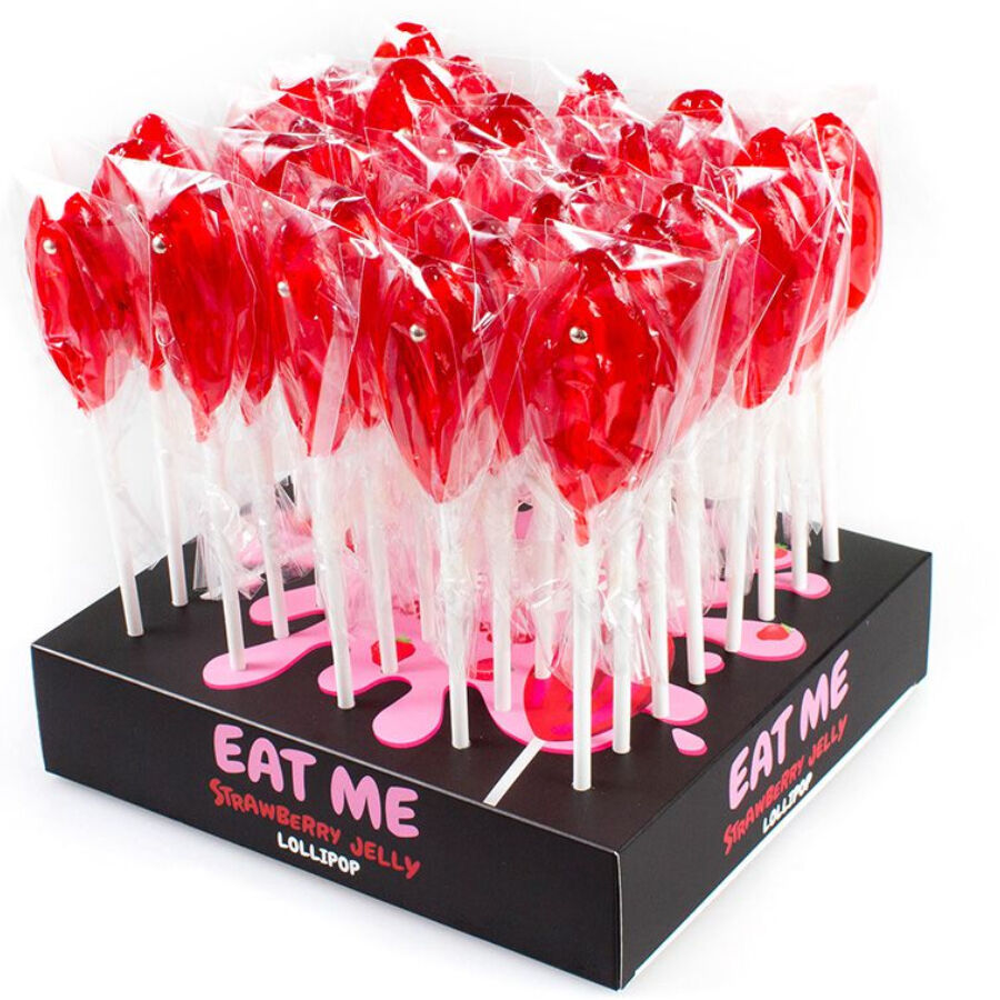 Presentoir Eat Me de sucettes rouges moulees en forme de sexe feminin, friandises comestibles coquines Secret Play, cadeau gag pour soirees festives.