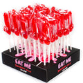 Presentoir Eat Me de sucettes rouges moulees en forme de sexe masculin, friandises comestibles coquines Secret Play, cadeau gag pour soirees festives.