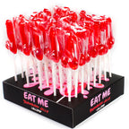 Presentoir Eat Me de sucettes rouges moulees en forme de sexe masculin, friandises comestibles coquines Secret Play, cadeau gag pour soirees festives.