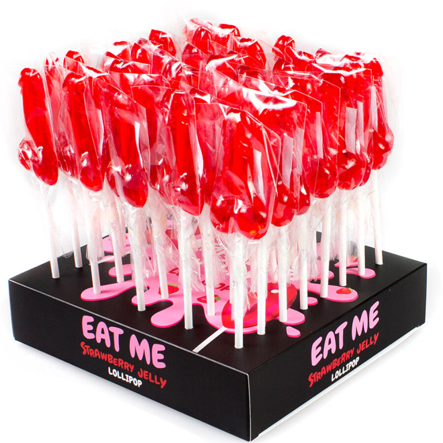 Presentoir Eat Me de sucettes rouges moulees en forme de sexe masculin, friandises comestibles coquines Secret Play, cadeau gag pour soirees festives.
