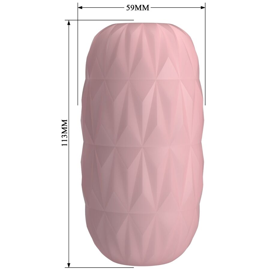 Schéma coté du masturbateur oeuf Athena rose, coque facettée de 59 mm de large et 113 mm de haut, format compact en TPR souple et extensible pour homme.