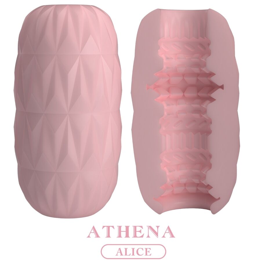 Masturbateur oeuf Athena rose de face et en coupe, coque facettée TPR souple avec tunnel interne nervuré et picots pour des sensations stimulantes.