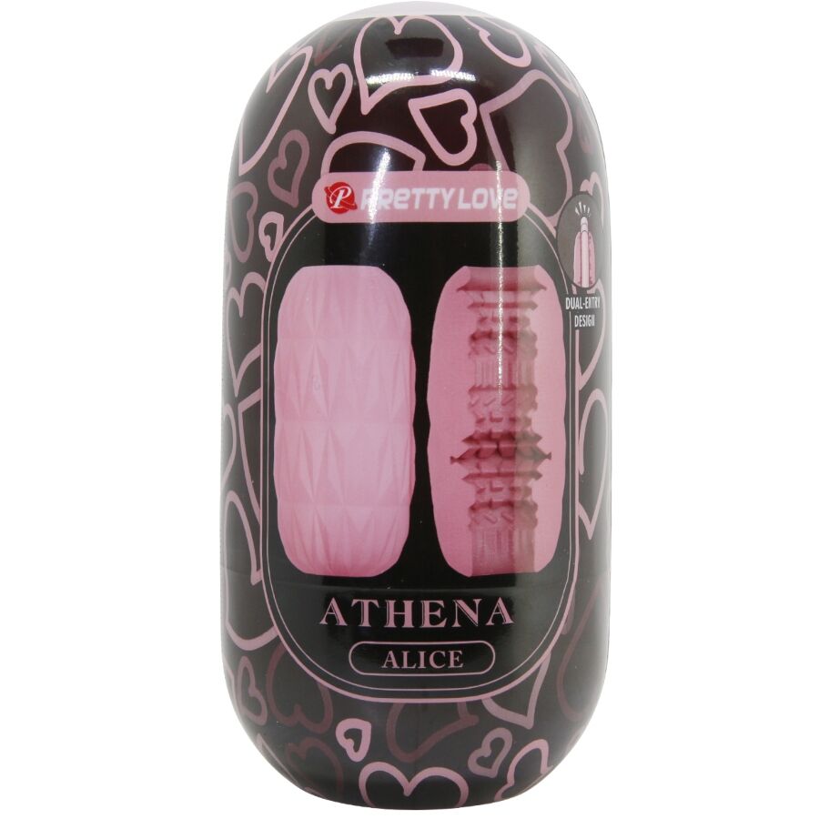 Boite Athena Alice du masturbateur oeuf rose, visuel de la gaine violette texturée et du tube extensible TPR, packaging discret à motif de coeurs.