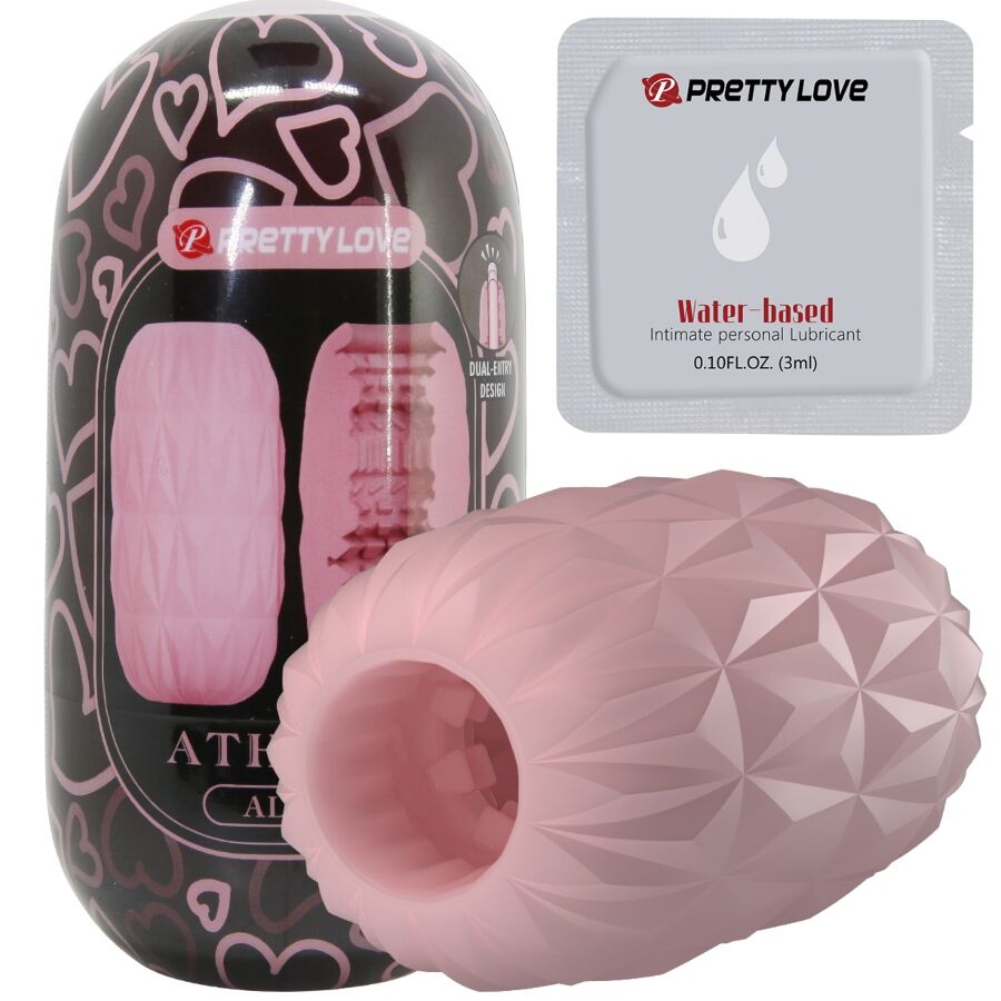 Masturbateur oeuf Athena rose avec boite, dosette de lubrifiant water-based et coque facettée ouverte montrant l'orifice texturé en TPR extensible.