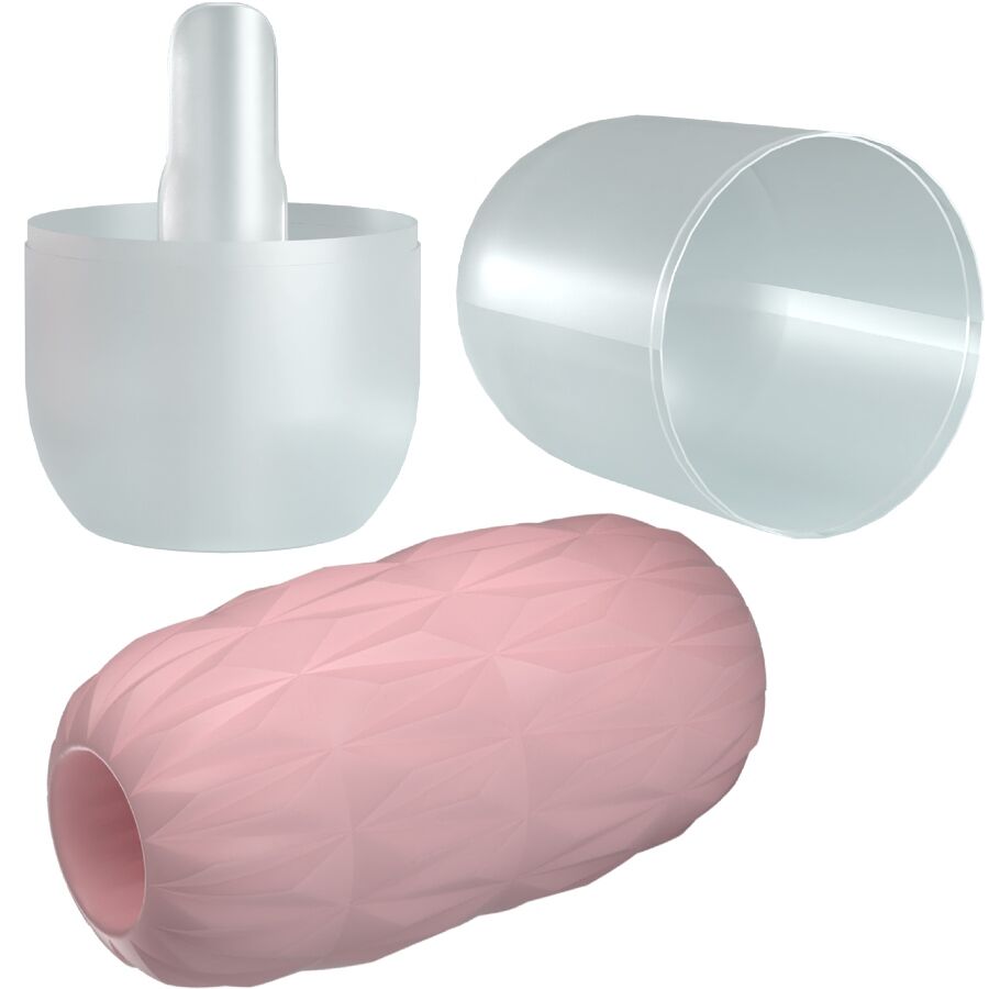 Masturbateur oeuf Athena rose démonté, capsule de protection translucide et insert facetté TPR souple, format compact et discret pour le plaisir solo.