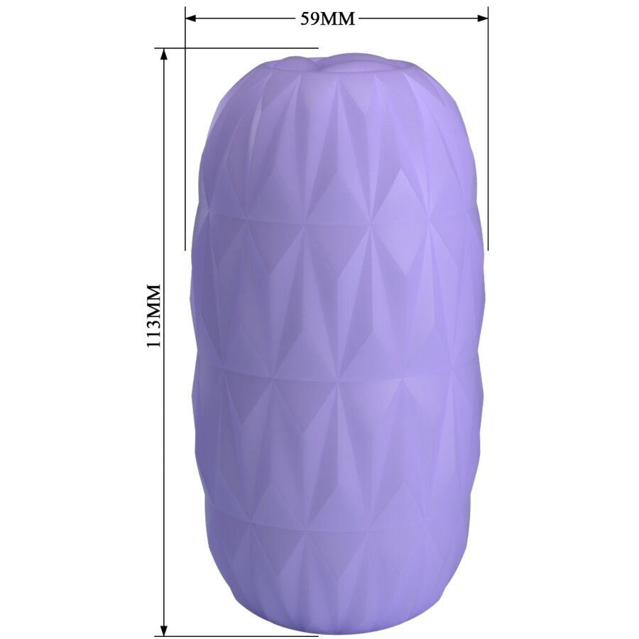 Schéma coté du masturbateur oeuf Athena violet, coque facettée mesurant 59 mm de large et 113 mm de haut, format compact en TPR extensible pour homme.
