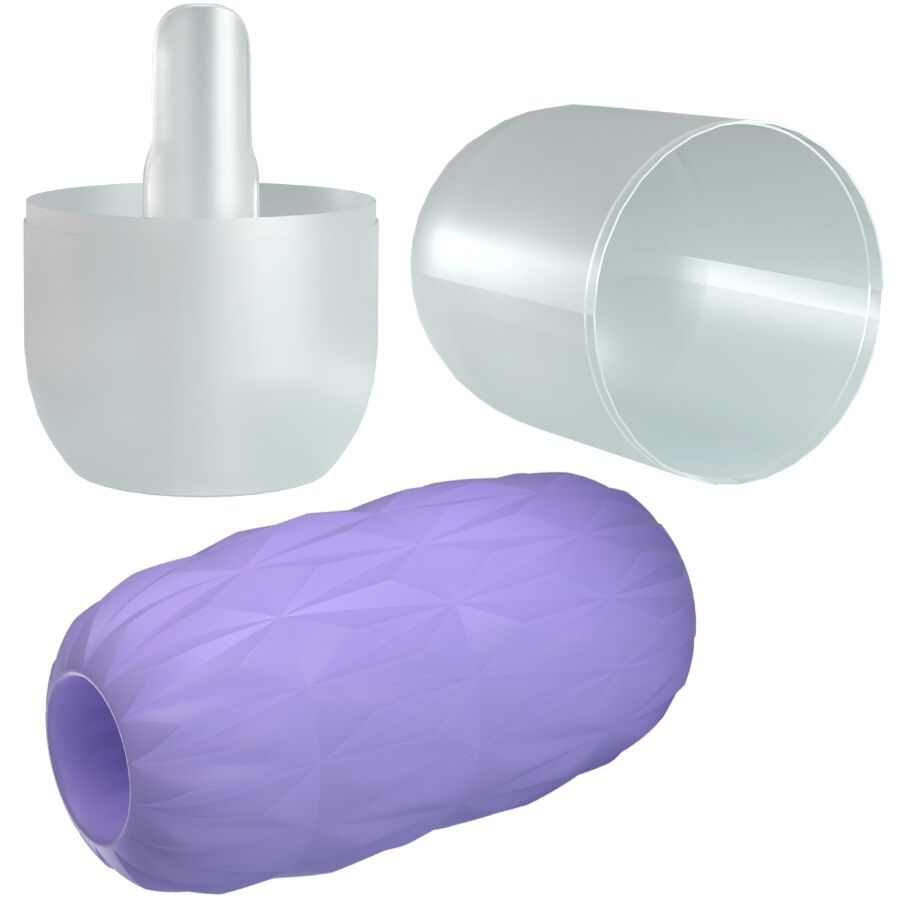 Masturbateur oeuf Athena violet démonté, capsule de protection translucide et insert TPR facetté souple, format nomade et discret pour homme.