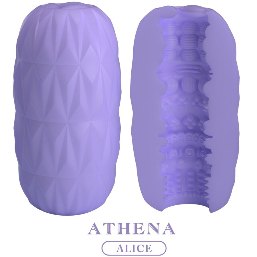 Masturbateur oeuf Athena violet vu de face et coupe ouverte, coque facettée en TPR souple avec tunnel interne nervuré stimulant pour plaisir solo masculin.