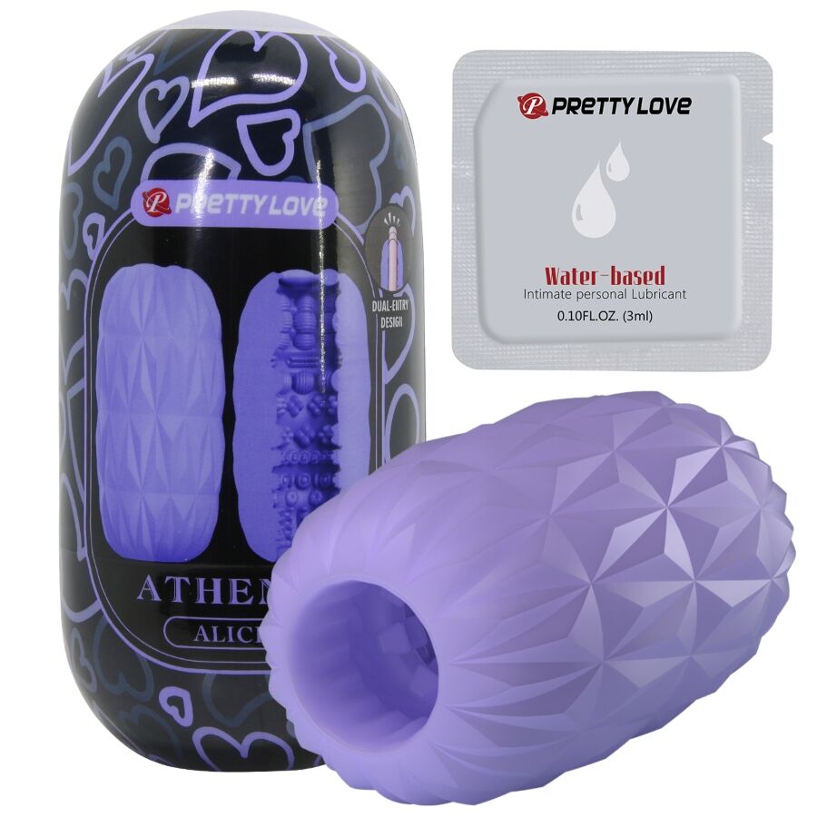 Masturbateur oeuf Athena violet avec sa boite, dosette de lubrifiant water-based Pretty Love et coque facettée ouverte montrant l'orifice texturé en TPR.