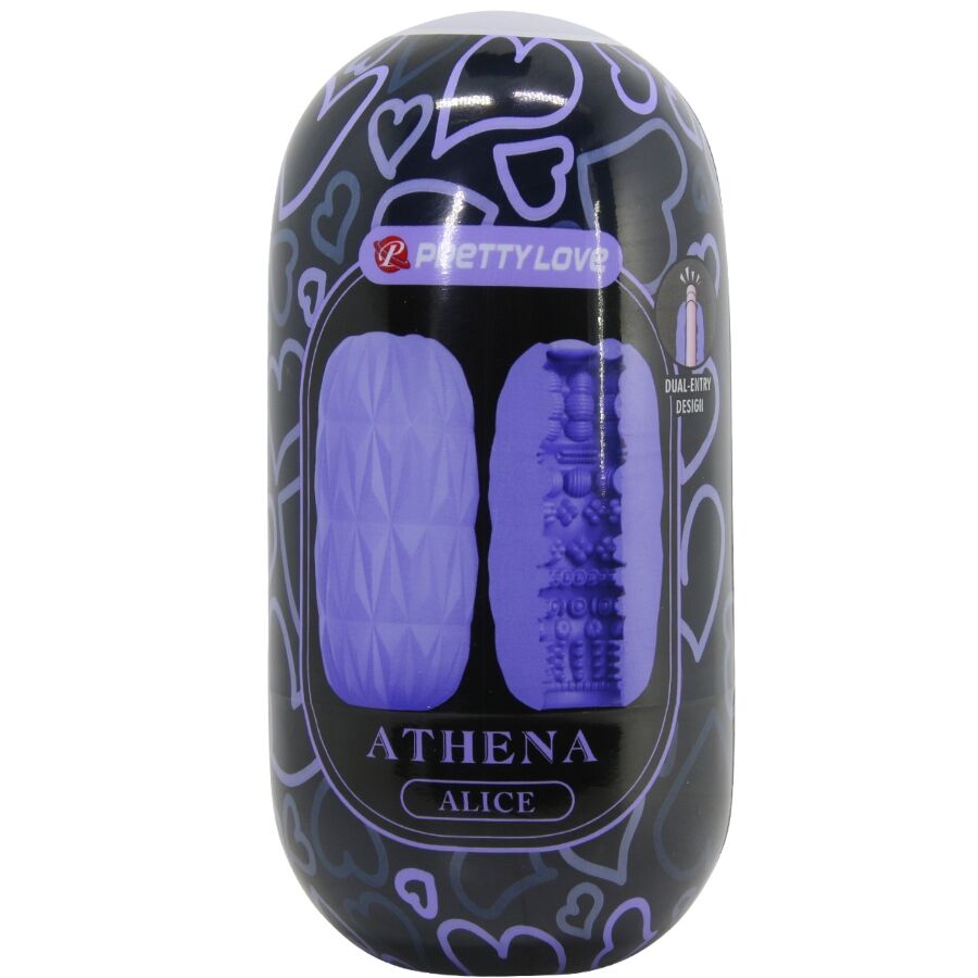 Boite noire Athena Alice du masturbateur oeuf rose Pretty Love, visuel de la gaine violette texturée et du tube extensible, packaging motif coeurs discret.