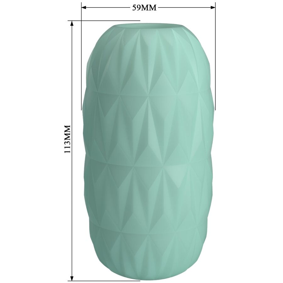 Schema du masturbateur Athena Alice vert d'eau avec cotes 59 mm de large et 113 mm de haut, gaine silicone a facettes losange double entree.