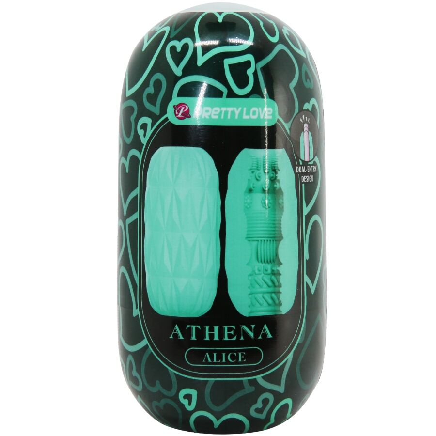 Boite noire Athena Alice du masturbateur oeuf Pretty Love, visuel montrant la gaine texturée verte et le tube TPR extensible, packaging discret motif coeurs.