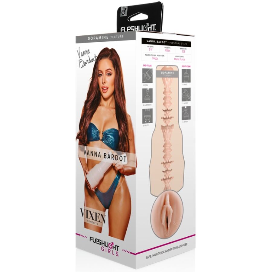 Coffret du masturbateur Fleshlight Vanna Bardot Vixen, boite illustrant le modele en lingerie et l'orifice vaginal realiste moule, gaine SuperSkin texturee type peau.