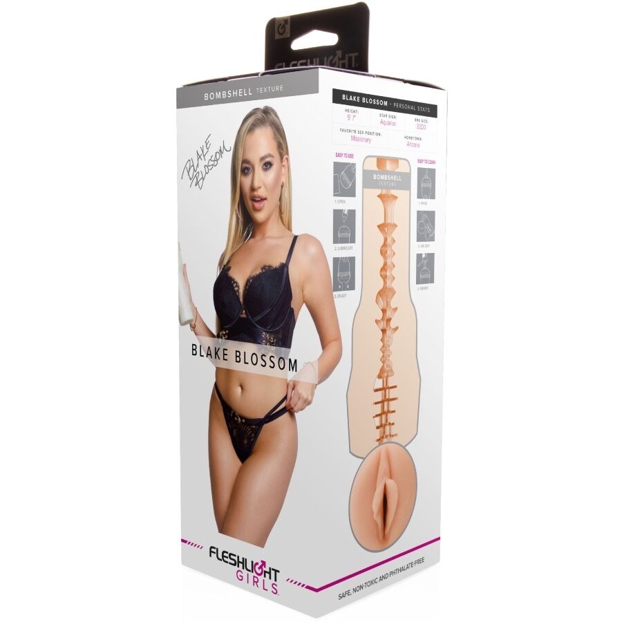 Coffret du masturbateur Fleshlight Girls Blake Blossom, boite illustrant le modele en lingerie et l'orifice vaginal realiste moule, gaine cyberskin au canal interne texture.