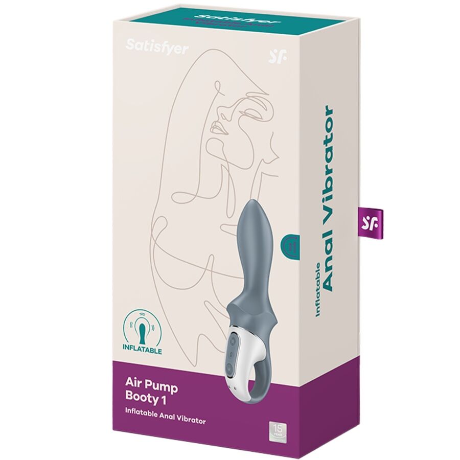 Boite Satisfyer Air Pump Booty 1, packaging Inflatable Anal Vibrator beige et violet avec visuel produit, tige gonflable en silicone unisexe.