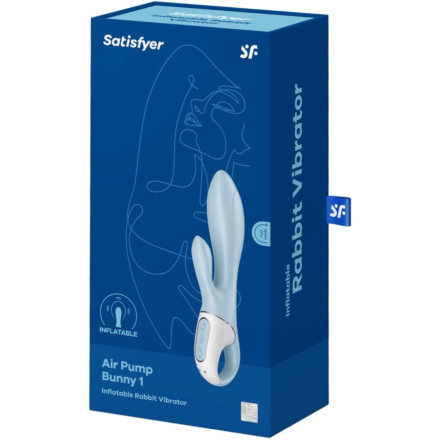 Boite Satisfyer Air Pump Bunny 1 bleue, packaging Inflatable Rabbit Vibrator avec visuel du lapin silicone, tige gonflable et connectee.