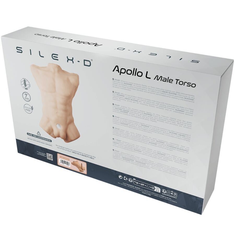 Dos de la boîte du torse masculin Apollo L Silexd, packaging présentant le buste en silicone et les mentions techniques thermoréactives — face arrière d'emballage produit