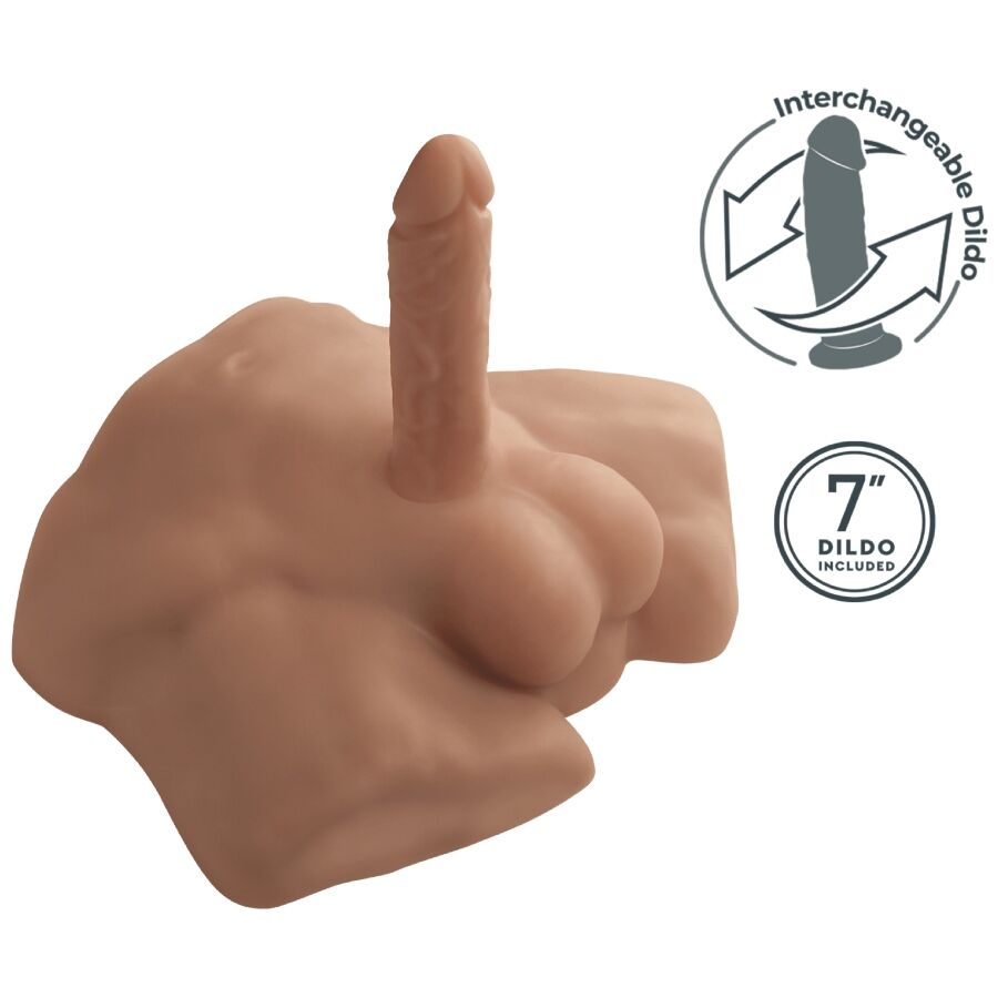 Bassin masculin Apollo S Silexd en silicone caramel avec dildo amovible 7" dressé, système interchangeable illustré — buste compact thermoréactif body-safe Silexd