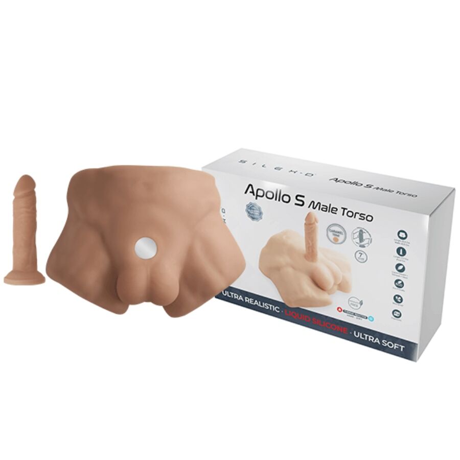 Bassin masculin Apollo S Silexd en silicone caramel posé devant sa boîte Male Torso, valve d'air visible — visuel produit et emballage compact réaliste