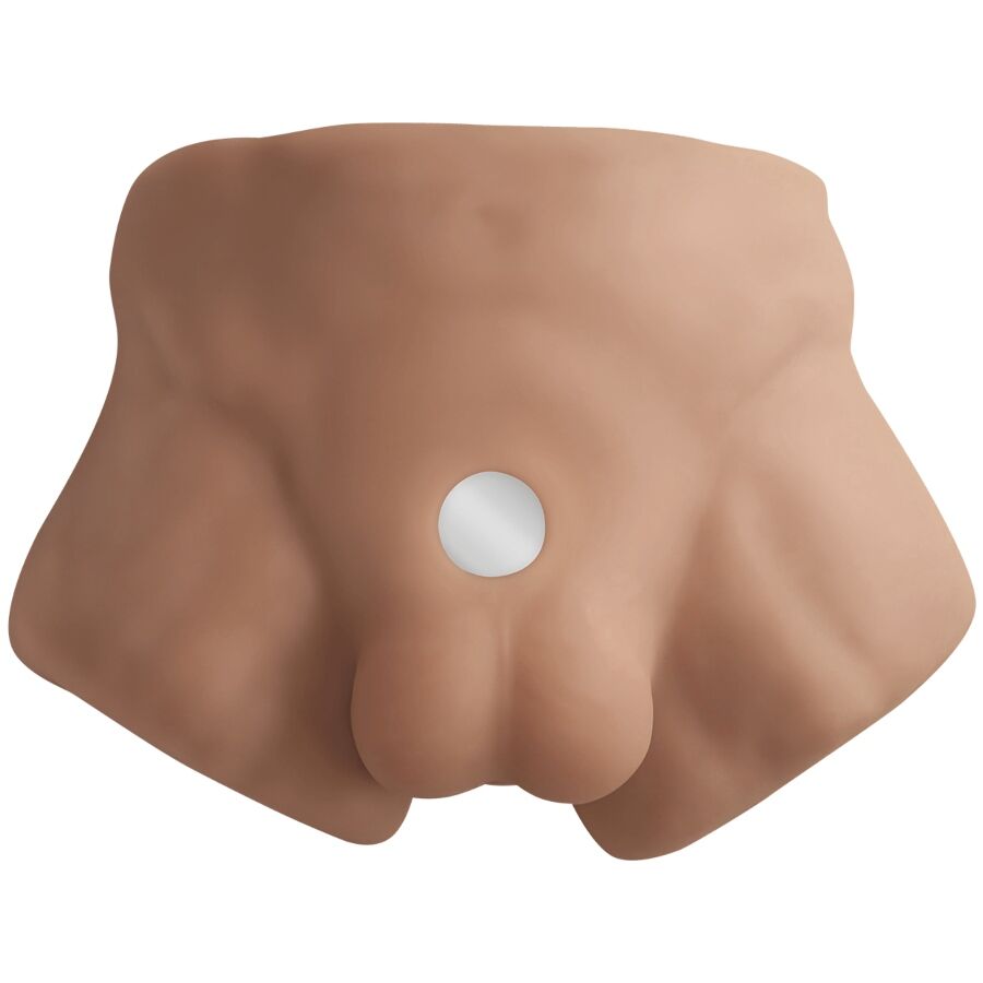 Bassin masculin Apollo S Silexd en silicone caramel, sexe et testicules modelés avec valve d'air centrale, vue de face — buste compact thermoréactif body-safe pour pénétration