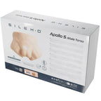 Dos de la boîte du bassin masculin Apollo S Silexd, packaging détaillant le buste en silicone et les mentions thermoréactives hard-soft — face arrière d'emballage produit