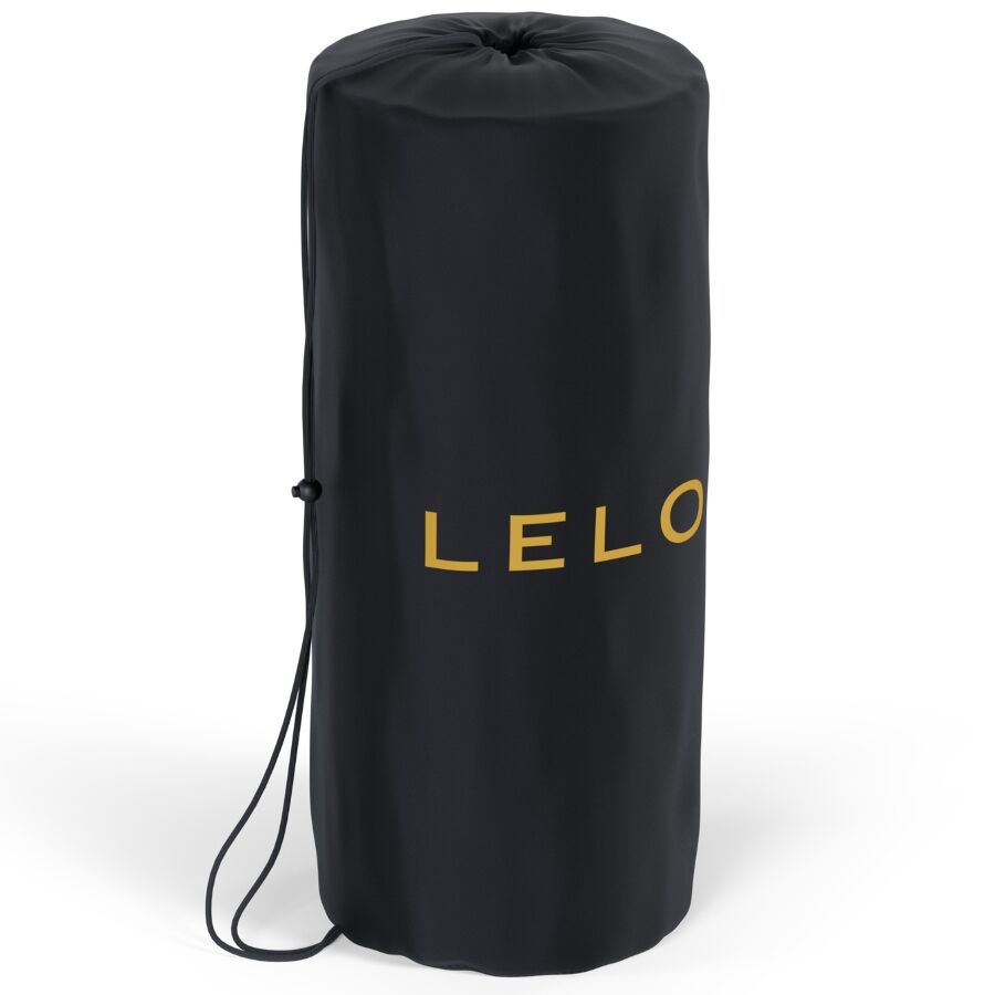 Sac de transport noir du tapis d acupression Lelo Come Together avec logo dore et cordon de serrage, rangement de l accessoire de massage corporel.