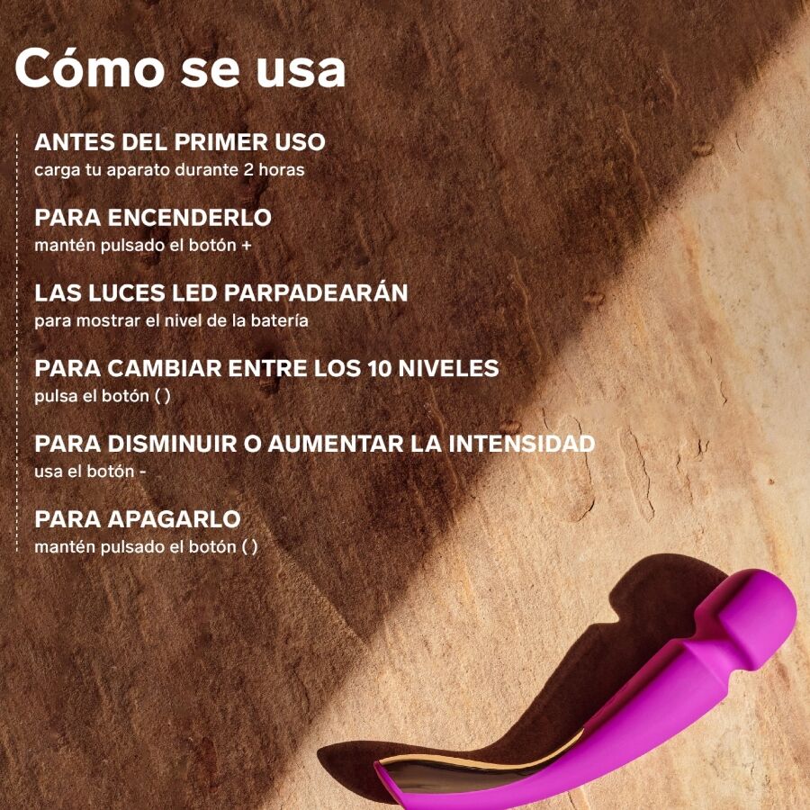 Mode d'emploi illustré de la Smart Wand 2 de Lelo posée sur bois, expliquant la charge, l'allumage et le réglage des dix niveaux de vibration.