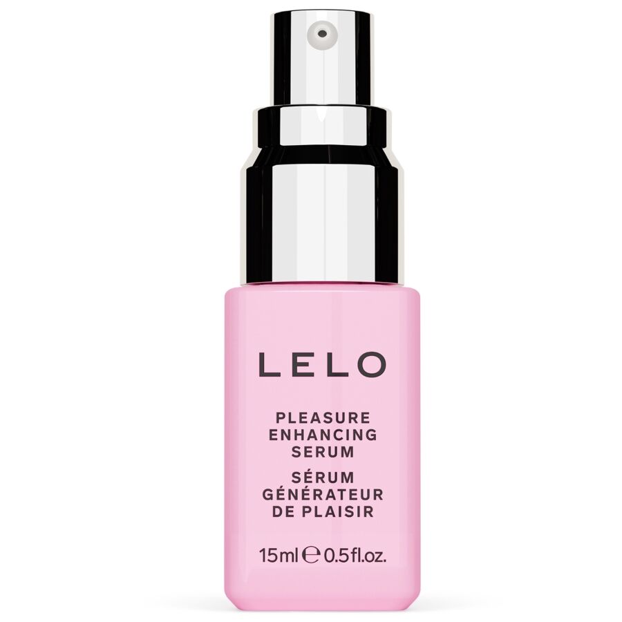 Flacon pompe rose du serum stimulant Lelo Pleasure Enhancing Serum 15 ml, cosmetique intime sans rincage a appliquer sur la zone externe.