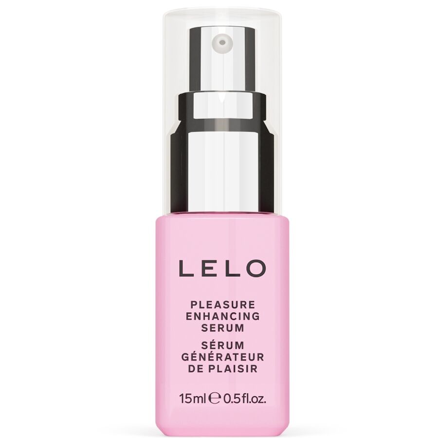 Flacon du serum stimulant feminin Lelo 15 ml pompe relevee vue de face, cosmetique intime a effet picotement et rechauffement format compact.