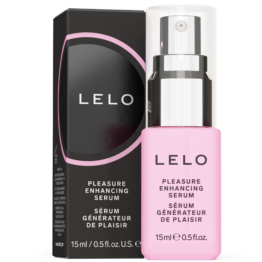 Serum stimulant pour le plaisir feminin Lelo flacon pompe rose 15 ml a cote de sa boite noire, cosmetique intime a effet picotement et rechauffement.