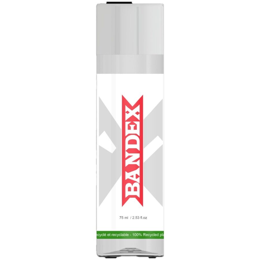 Flacon Bandex transparent a logo X, vue isolee sur fond blanc, soin intime masculin 75 ml a texture legere, produit de bien-etre a appliquer localement.