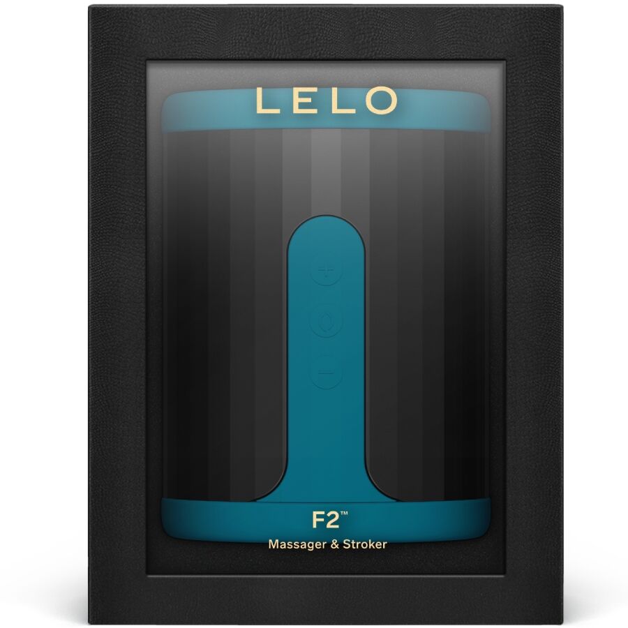 Boite noire Lelo F2 Massager and Stroker presentant le masturbateur bleu canard sous fenetre, packaging du stroker masculin connecte en silicone liquide.