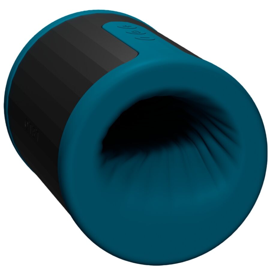 Masturbateur Lelo F2S bleu canard incline vers l ouverture profonde texturee, stroker masculin connecte a deux entrees en silicone liquide rechargeable.