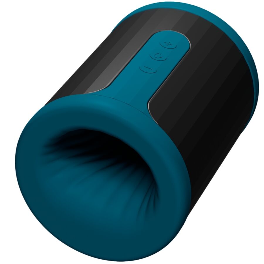 Masturbateur Lelo F2S bleu canard penche laissant voir les cretes internes de la gaine, stroker masculin connecte cylindrique en silicone liquide.
