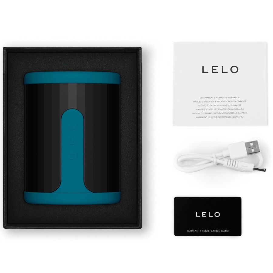 Coffret ouvert du masturbateur Lelo F2 avec cable USB, notice et carte de garantie, stroker masculin connecte bleu canard en silicone liquide.