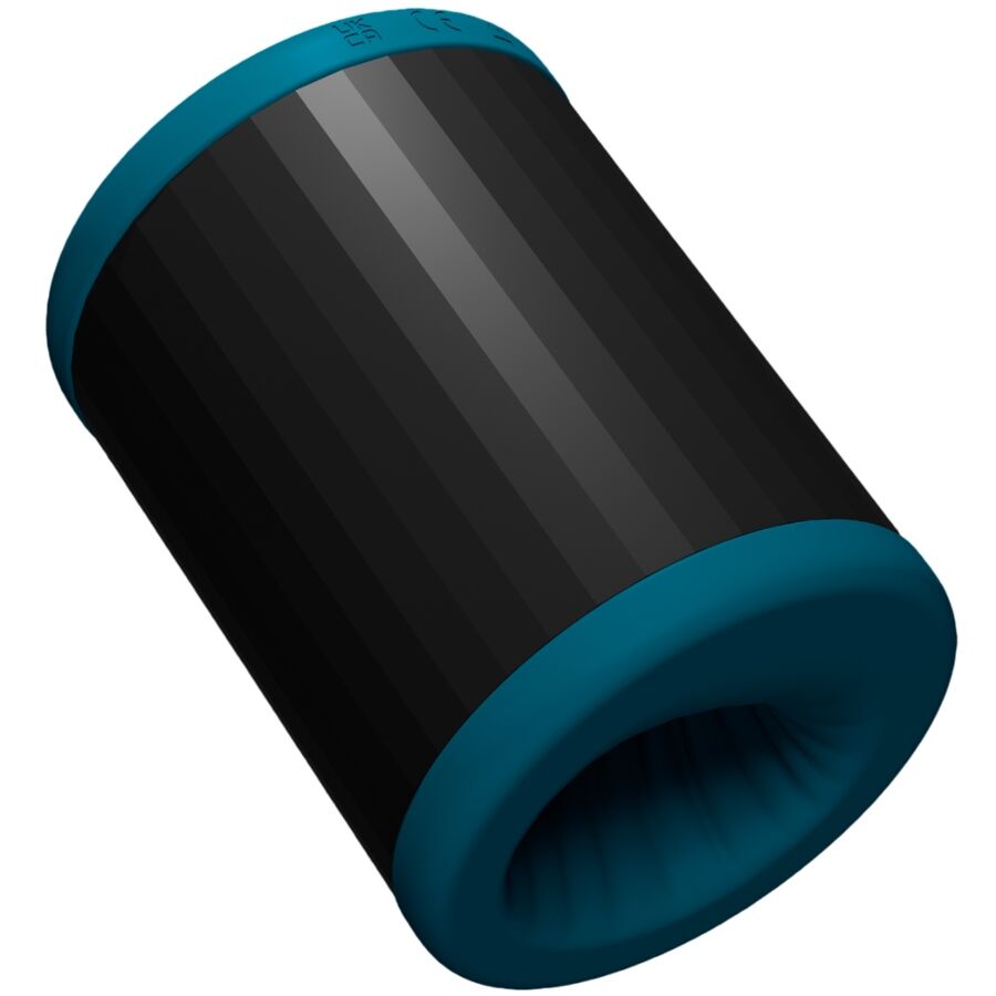 Masturbateur Lelo F2S noir et bleu vu de cote face lisse, stroker masculin connecte a double extremite ouverte en silicone liquide pilotable par appli.
