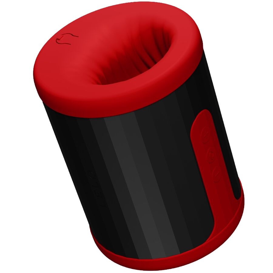 Masturbateur Lelo F2 rouge vu de dessus montrant l entree souple a cretes, stroker masculin connecte cylindrique en silicone liquide a double extremite.