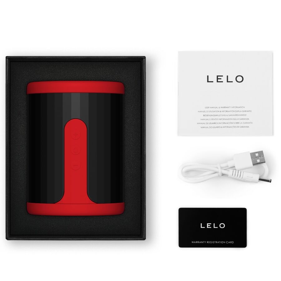 Coffret ouvert du masturbateur Lelo F2 rouge avec cable USB, notice et carte de garantie, stroker masculin connecte en silicone liquide a double extremite.