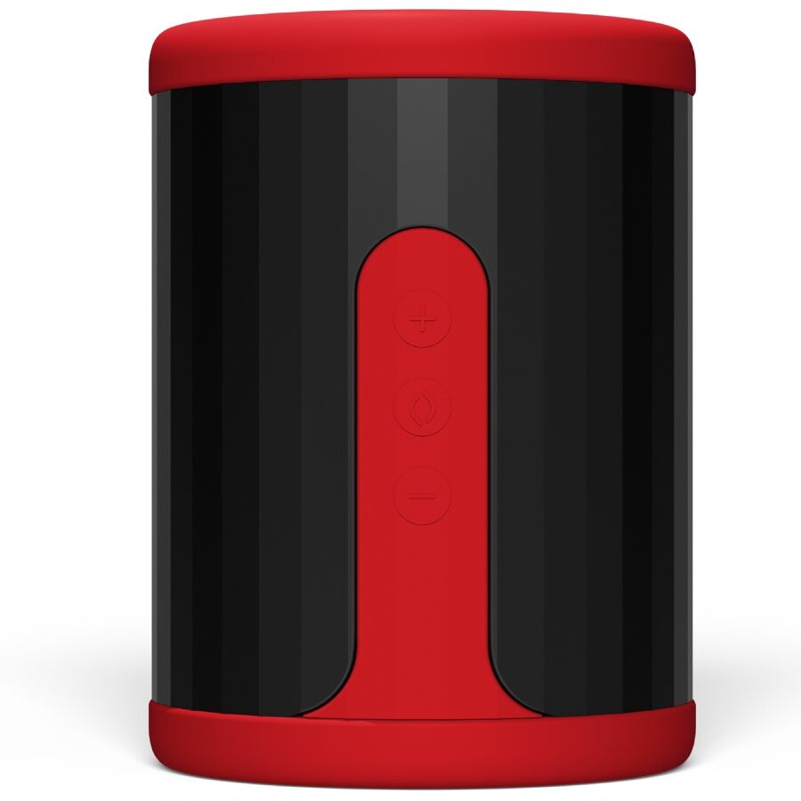 Masturbateur Lelo F2 en silicone noir et rouge vu debout face boutons, stroker masculin connecte cylindrique a double extremite ouverte en silicone liquide.