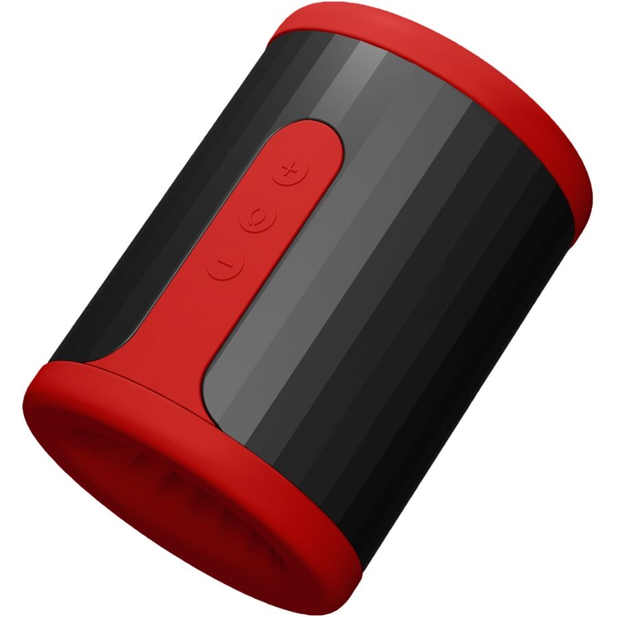 Masturbateur Lelo F2 noir et rouge vu de trois quarts cote boutons de commande, stroker masculin connecte cylindrique en silicone liquide pilotable par appli.