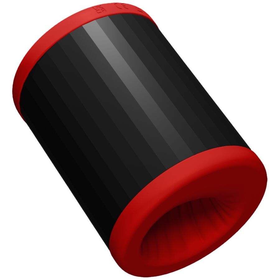 Masturbateur Lelo F2 noir et rouge incline face lisse, stroker masculin connecte a double extremite ouverte en silicone liquide rechargeable et pilotable.