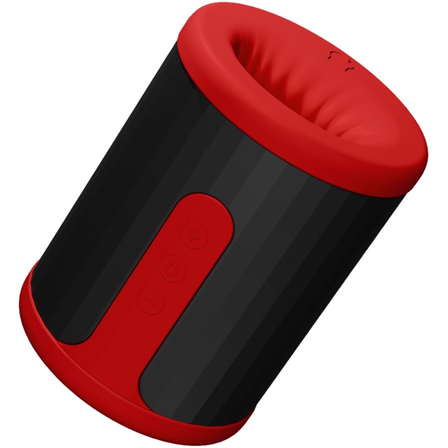 Masturbateur Lelo F2 rouge incline montrant l ouverture superieure souple a cretes, stroker masculin connecte a deux entrees en silicone liquide rechargeable.