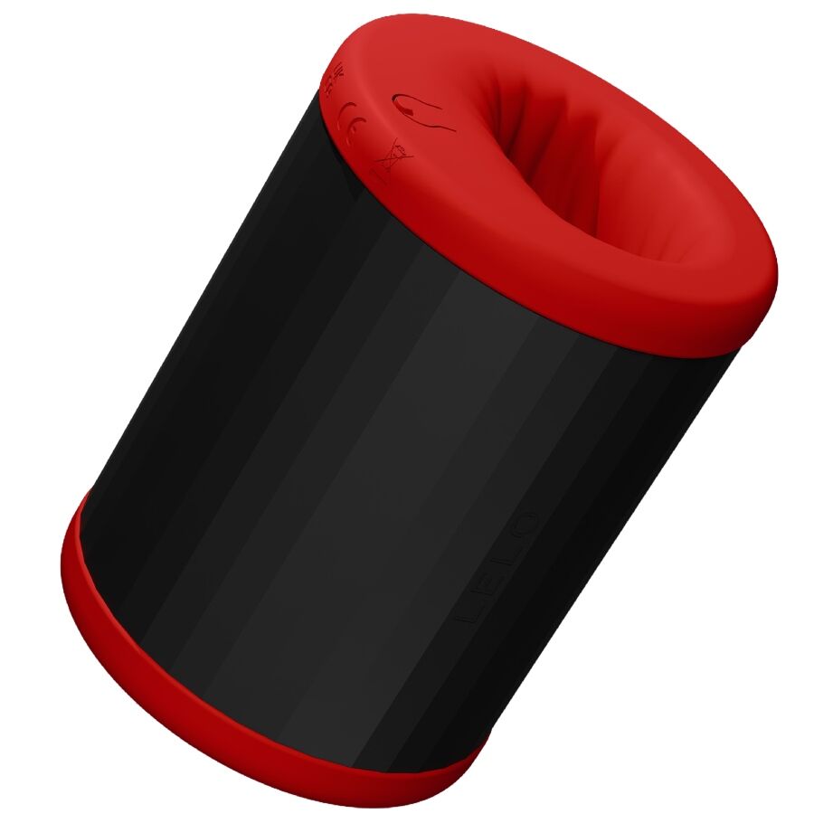 Masturbateur Lelo F2 rouge penche laissant voir l entree evasee texturee, stroker masculin connecte a double extremite ouverte en silicone liquide.