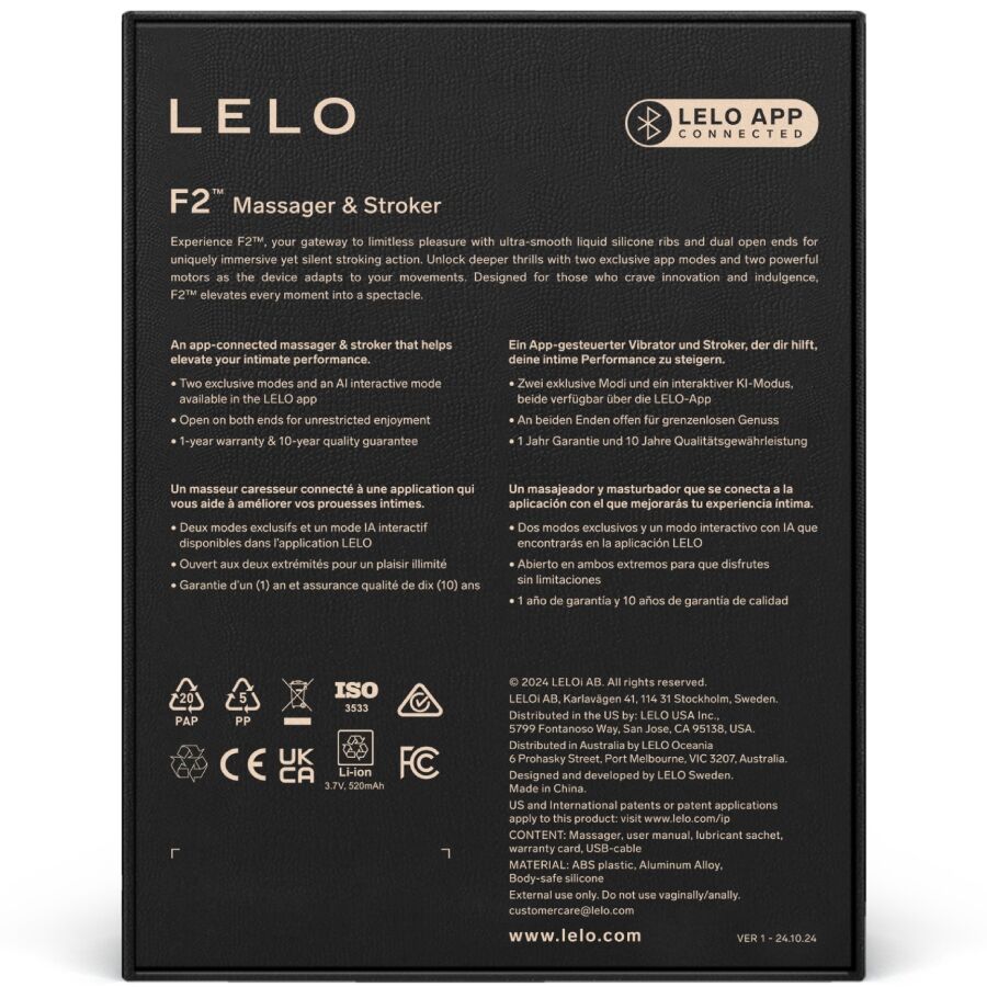 Dos de la boite Lelo F2 avec texte descriptif multilingue et pictogrammes de certification, packaging du masturbateur masculin connecte a double extremite.