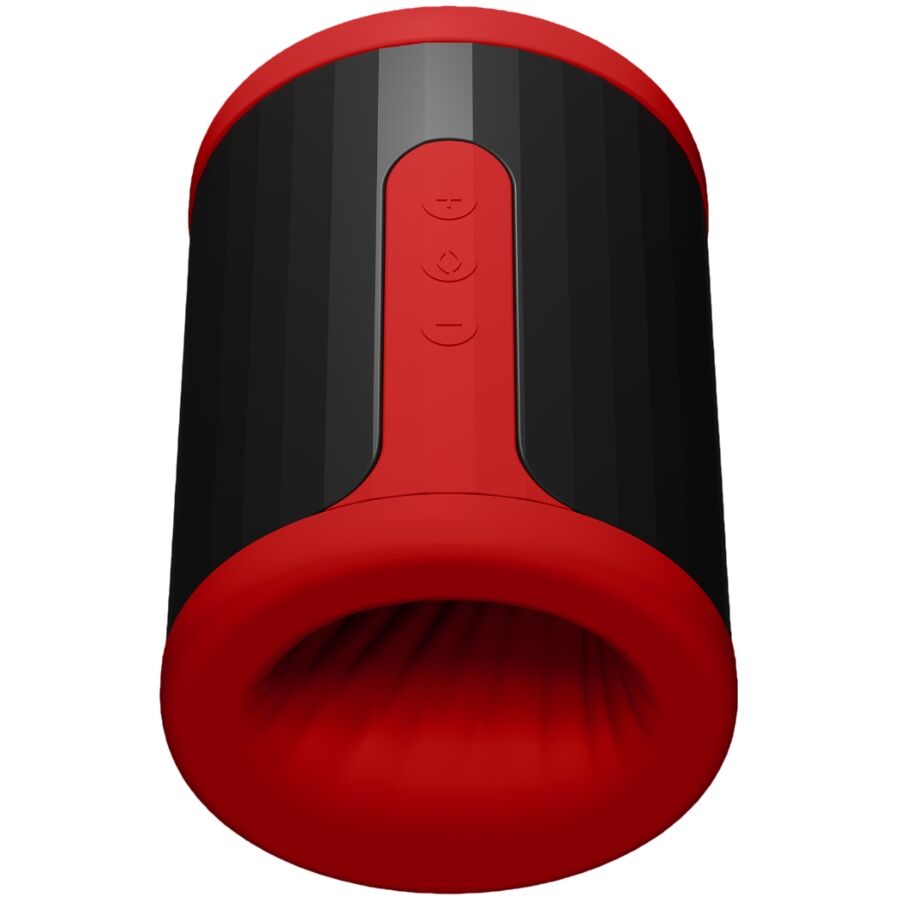 Masturbateur Lelo F2 noir et rouge incline vers l ouverture profonde a cretes, stroker masculin connecte a deux entrees en silicone liquide rechargeable.