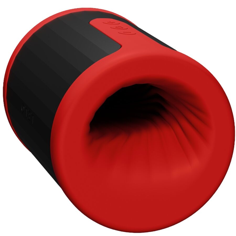 Masturbateur Lelo F2 rouge incline vers la large ouverture evasee texturee, stroker masculin connecte a deux entrees en silicone liquide rechargeable.
